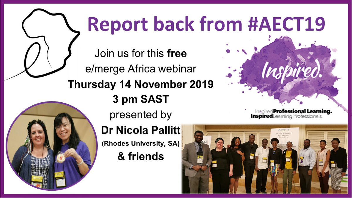 nicolapallitt's tweet photo. I'm presenting an #AECT19 #aect19inspired report back webinar for @emergeAfrica and would love to include your voices and highlights - please share yours via https://t.co/mEnstr4iAs More info about the webinar is available at https://t.co/QGFyuIYLi4 @AECT @aectclt @aectdddivision https://t.co/hGgYJQ1phR