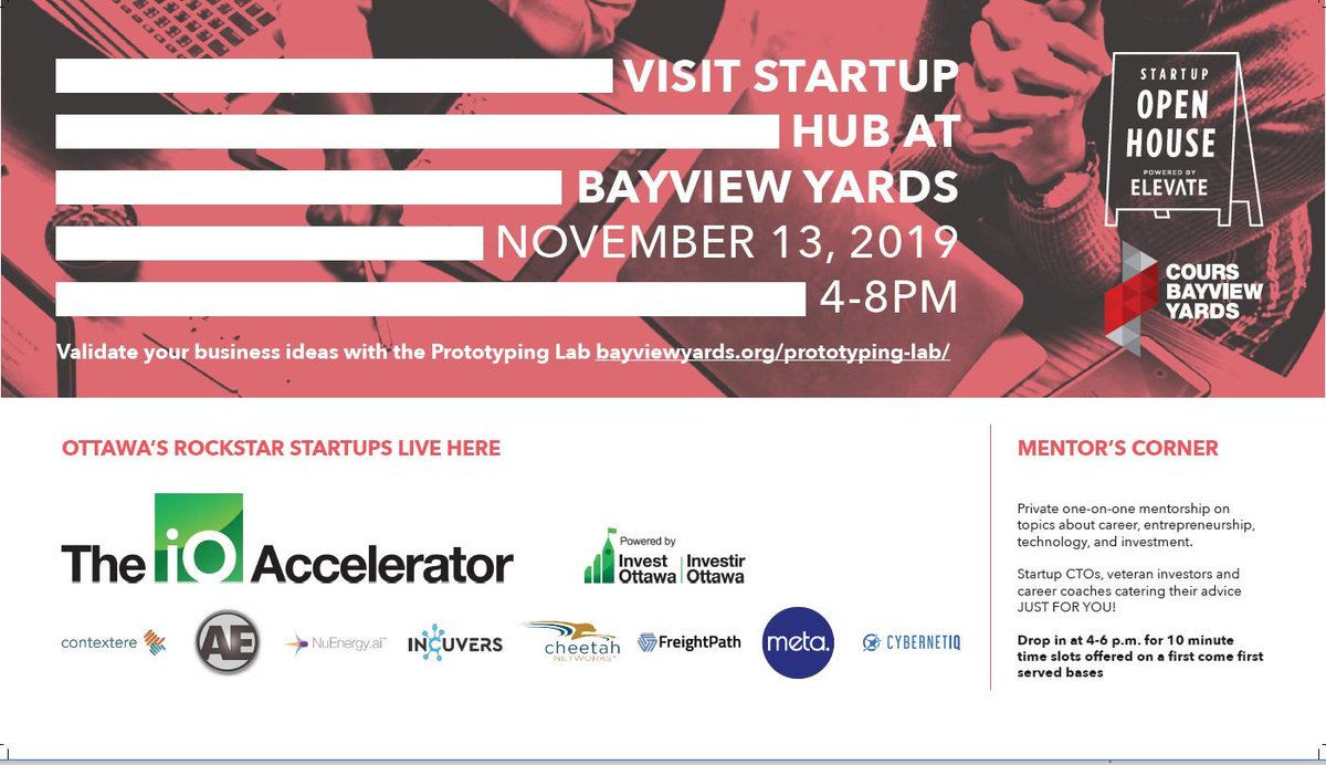 Bayview Yards (@bayview_yards) on Twitter photo Not only will you meet Ottawa's hottest startups, you can book a one-on-one coffee chat w/ a seasoned CTO, career coach, or business advisor.
During <a href="/suopenhouse/">Startup Open House</a> on Nov 13, <a href="/BayviewYards/">BayviewYards</a> is a must-stop.
Event details found at buff.ly/2KfkVgF #BayviewYards #suopenhouse Not only will you meet Ottawa's hottest startups, you can book a one-on-one coffee chat w/ a seasoned CTO, career coach, or business advisor.
During <a href="/suopenhouse/">Startup Open House</a> on Nov 13, <a href="/BayviewYards/">BayviewYards</a> is a must-stop.
Event details found at buff.ly/2KfkVgF #BayviewYards #suopenhouse