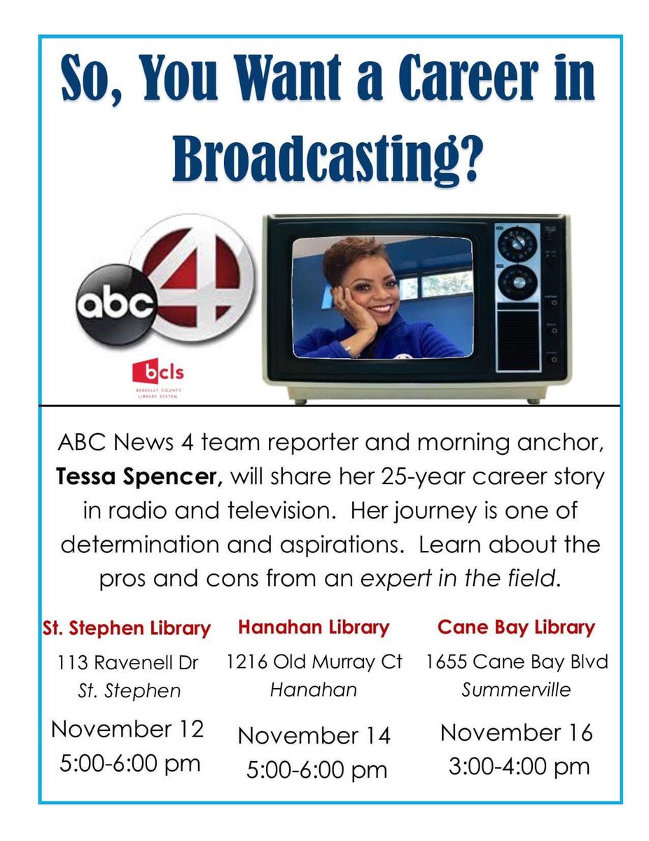 I’m touring the Berkeley County libraries starting today! Parents bring your teens out if they’re interested in broadcasting. Looking forward to seeing everyone! St.Stephen you’re up first! See you this evening!
