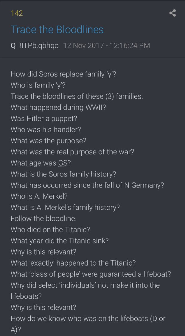 How did Soros replace family ‘y’...Trace the bloodlines of these (3) families... Was Hitler a puppet...What was the real purpose of the war... Who is A. Merkel... Who died on the Titanic... What is the FED... The truth would put 99% of people in the hospital. 2/