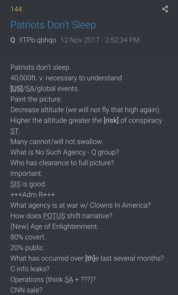 Patriots don’t sleep.40,000ft. v. nec. to understand [US]/SA/global eventsPaint the picture...What is No Such Agency - Q group... +++Adm R+++What agency is at war w/Clowns In America... Everything has meaning... For [GOD & COUNTRY]...HUMANITY. GERONIMO...[risk this week]4/