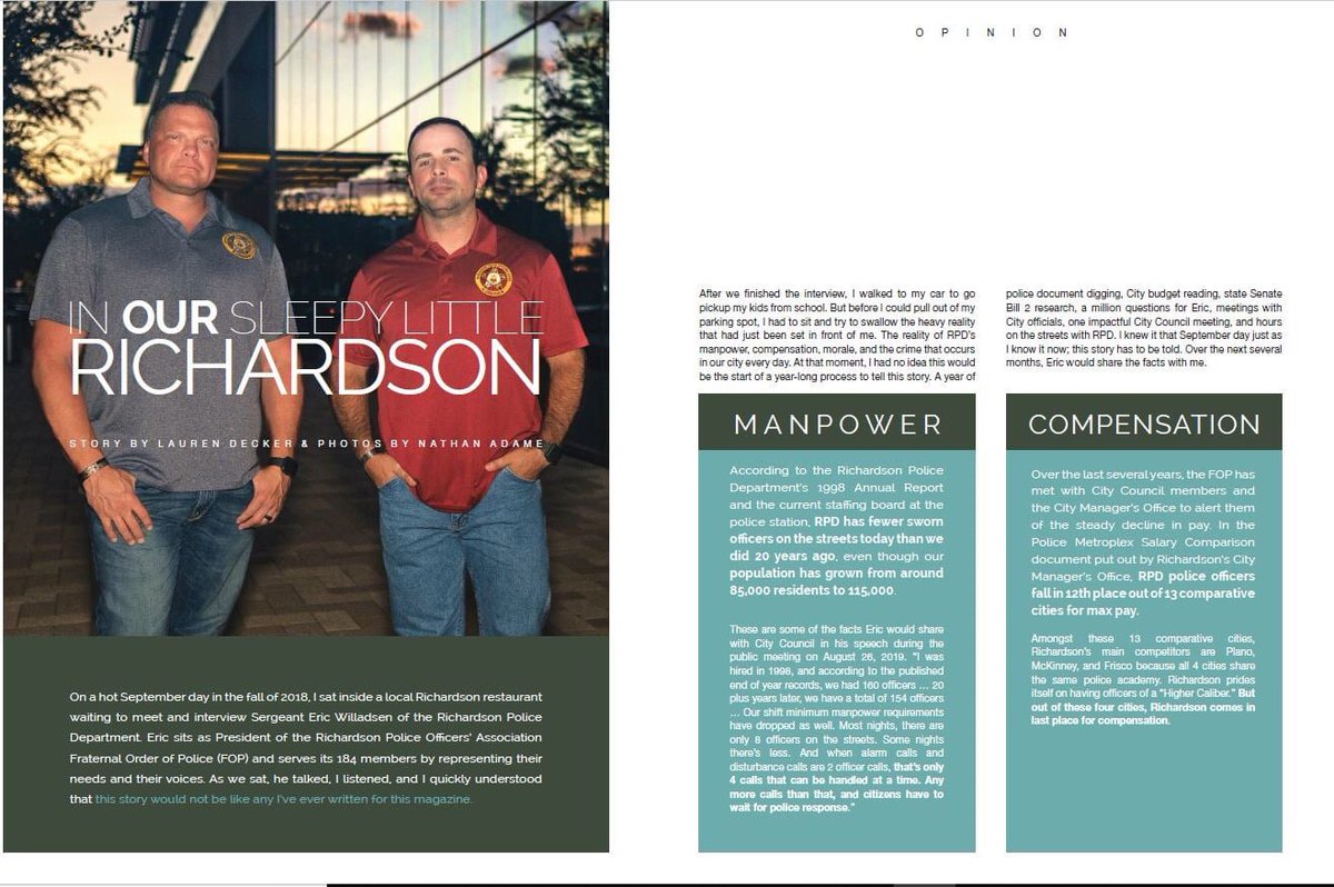 RichardsonFOP's tweet photo. Great article in Richardson Living Magazine that came out today.  President Willadsen and VP Sontz discussing manpower/compensation and how it relates to the safety of our city. https://t.co/t7QSRZVXgS