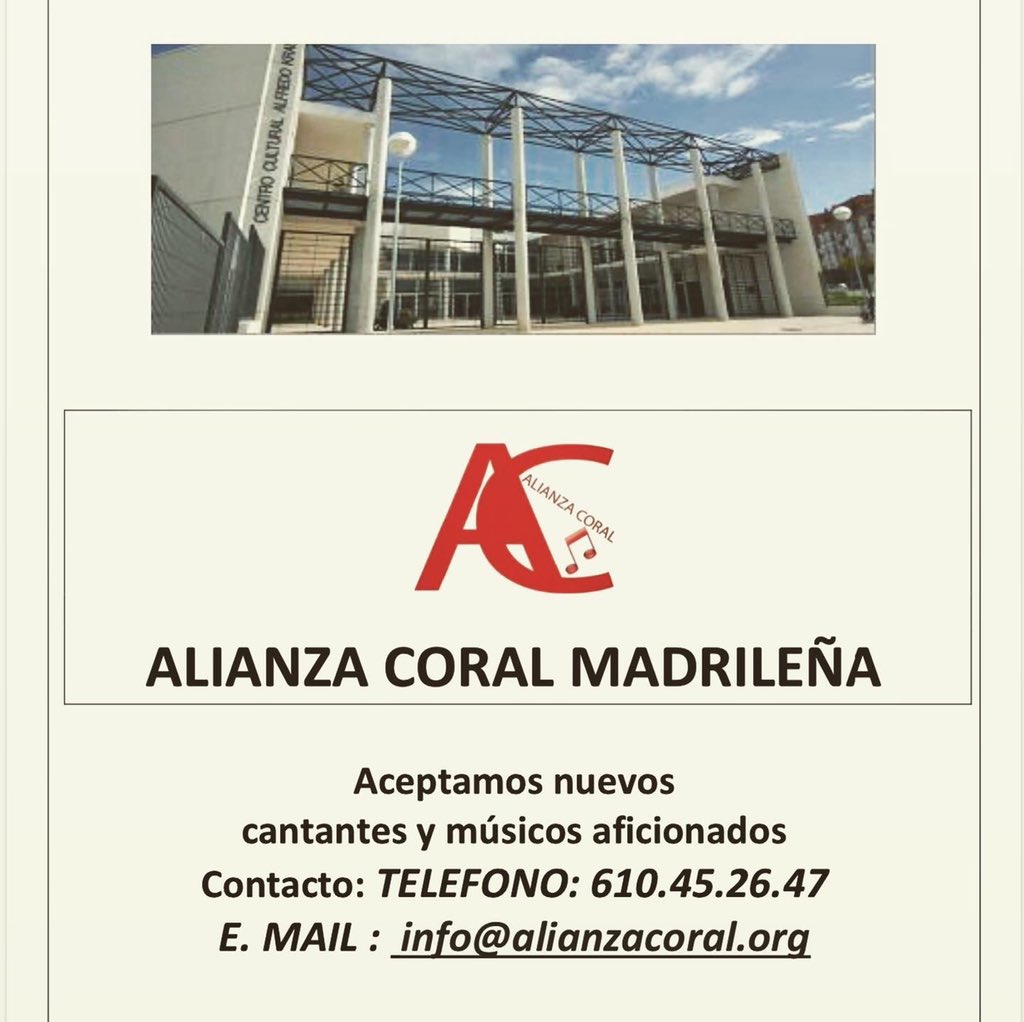 <a href="/AlianzaCoral/">Alianza Coral Madrileña</a> <a href="/CoroGranVia/">Coro Gran Vía</a> <a href="/CoroTresOlivos/">Coro Tres Olivos</a> <a href="/OrquestaVilla/">Orquesta Villa de Vallecas</a> 
<a href="/AuditorioAKraus/">Auditorio A. Kraus</a> 
#NocturnosdelaVentana #AñoLorca
Director- #RostislavFedorov 
12 Nov 19:00 h en Centro Cultural Alfredo Kraus en Mirasierra.