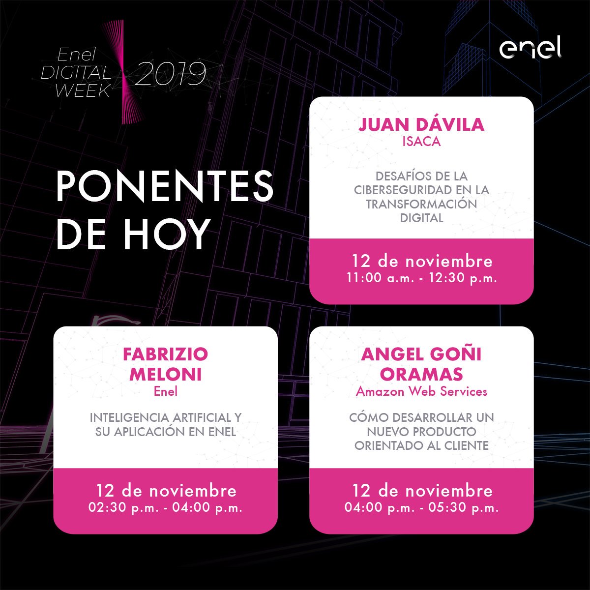 PluzPeru's tweet photo. ⚡Transformación digital, inteligencia artificial, ciberseguridad, aplicaciones de realidad aumentada y analítica avanzada son algunos de los temas que podrás conocer a detalle en #EnelDigitalWeek ¡Únete y comparte con nosotros hoy y mañana! 👉 https://t.co/6L8tmRHHM3 https://t.co/3rGznDCqcW