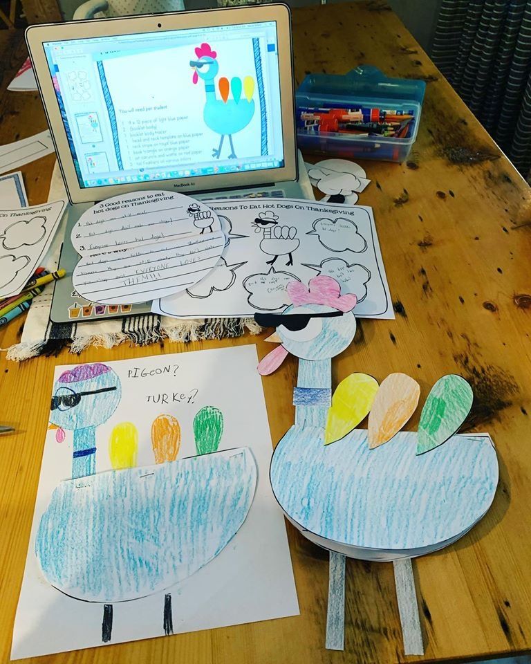 MrsKillam207's tweet photo. Snow day means prepping some Thanksgiving activities for the library. Thank goodness I have 2 cute helpers to create the examples #mowillems #thanksgiving https://t.co/qf5jYk60Wp