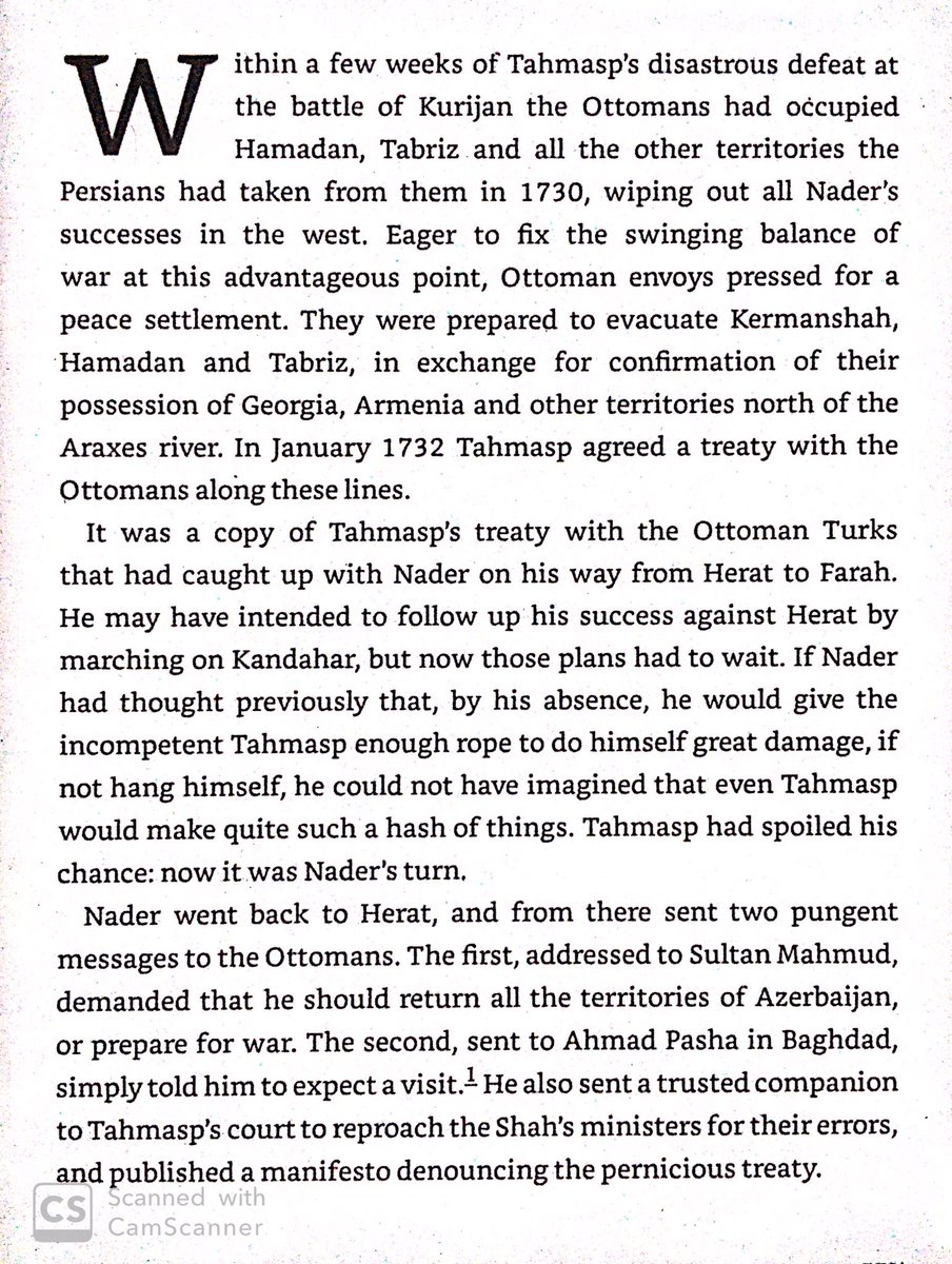 Shah Tahmasp lost battles to the Turks while Nader was in the East. Tahmasp agreed to an okay peace, which was unpopular & didn’t free POWs. Nader siezed the chance, condemning the peace & Tahmasp as his chance for supreme power.