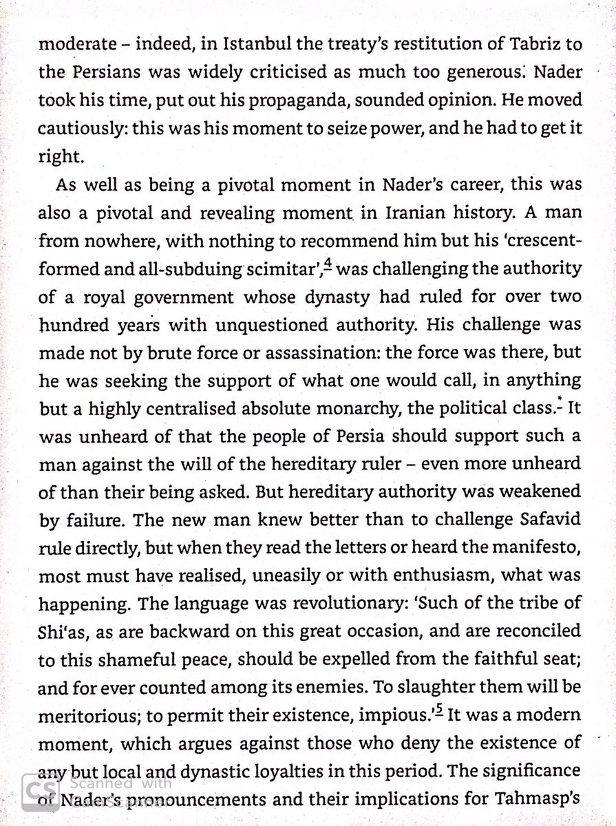 Shah Tahmasp lost battles to the Turks while Nader was in the East. Tahmasp agreed to an okay peace, which was unpopular & didn’t free POWs. Nader siezed the chance, condemning the peace & Tahmasp as his chance for supreme power.