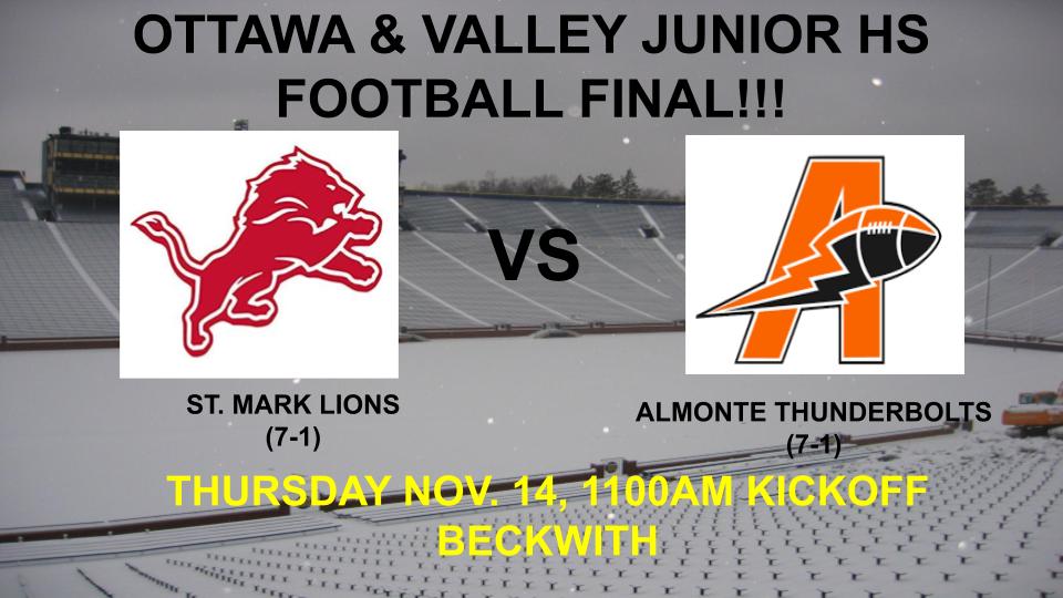 2 sleeps until the 7-1 <a href="/StMarkOCSB/">St. Mark High School</a> Jr 🦁take on the 7-1 <a href="/AlmonteDHS/">Almonte & District High School</a> ⚡️. 11am kickoff @ Beckwith Rec Complex. The 🦁 won the regular season match 48-41 in a rainstorm. The 🦁 got here with a 41-6 semifinal win over <a href="/ADHSFootball/">ADHS Football </a>.  Should be an epic match! #man1fb2 #tpw #mystmark