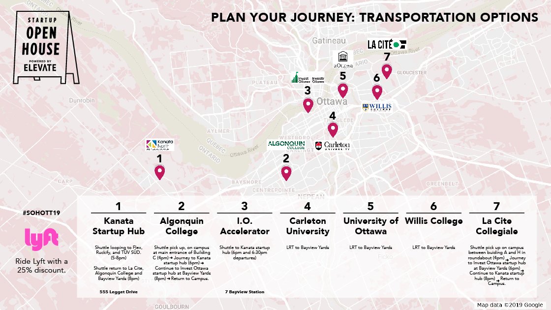 .@suopenhouse is Nov. 13 (this week)!🙌 Make sure to: 🎟️ Get your ticket 📍 Pick the startups you want to visit 🚌 Map your journey across the city - we’re offering transportation support throughout the day, check out this map for details! #SOHOTT #OttCity #OttBiz #OttJobs