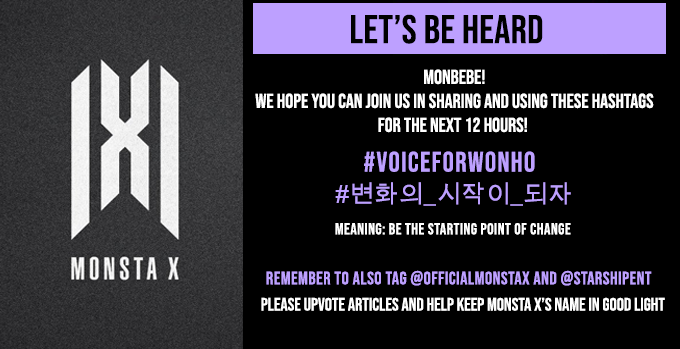 monbebe_aussie's tweet photo. WE WON'T BE SILENT, LET'S GET LOUD!!!
#VoiceForWonho
#변화의_시작이_되자

@OfficialMonstaX @STARSHIPent https://t.co/121tJsZHY4