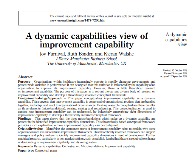 Proud to present our new paper about #improvementcapability in healthcare. Online and #openaccess now. @kieran_walshe @RuthBoaden @UoMOpenAccess emerald.com/insight/conten…
