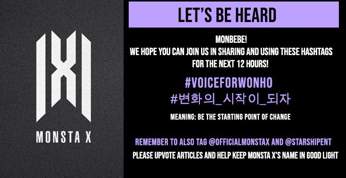 monstaxnorway's tweet photo. NEW TAGS #VoiceForWonho #변화의_시작이_되자 @OfficialMonstaX https://t.co/MpRWhcvIlS