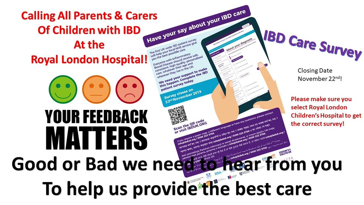 Royal London & Mile End IBD Patient Panel (@ibdpanel_rlh) on Twitter photo CALLING ALL PARENTS& CARERS OF CHILDREN WITH #IBD @RoyalLondonHosp The Paeds #IBDteam need to hear from you! You're feedback is vital to ensure your children receives the best care. Please fill out the survey at ibduk.org/ibd-patient-su… by NOVEMBER 22ND <a href="/IBDRoyalLondon/">IBDBartsHealth</a> CALLING ALL PARENTS& CARERS OF CHILDREN WITH #IBD @RoyalLondonHosp The Paeds #IBDteam need to hear from you! You're feedback is vital to ensure your children receives the best care. Please fill out the survey at ibduk.org/ibd-patient-su… by NOVEMBER 22ND <a href="/IBDRoyalLondon/">IBDBartsHealth</a>