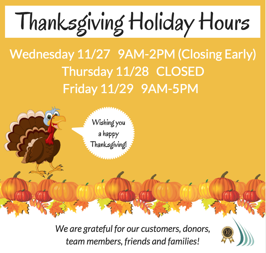 LeewardFDN's tweet photo. #Thanksgiving Holiday Hours Update:
Our #thriftstores will be open until 2PM (accepting donations until 1PM) on Wednesday 11/27
We will be closed on Thursday 11/28
We will reopen during regular hours on Friday 11/29

#RecycleReuseRenew 
#FeedClotheComfort
#ProceedsStayLocal https://t.co/UiKBLjaWT8