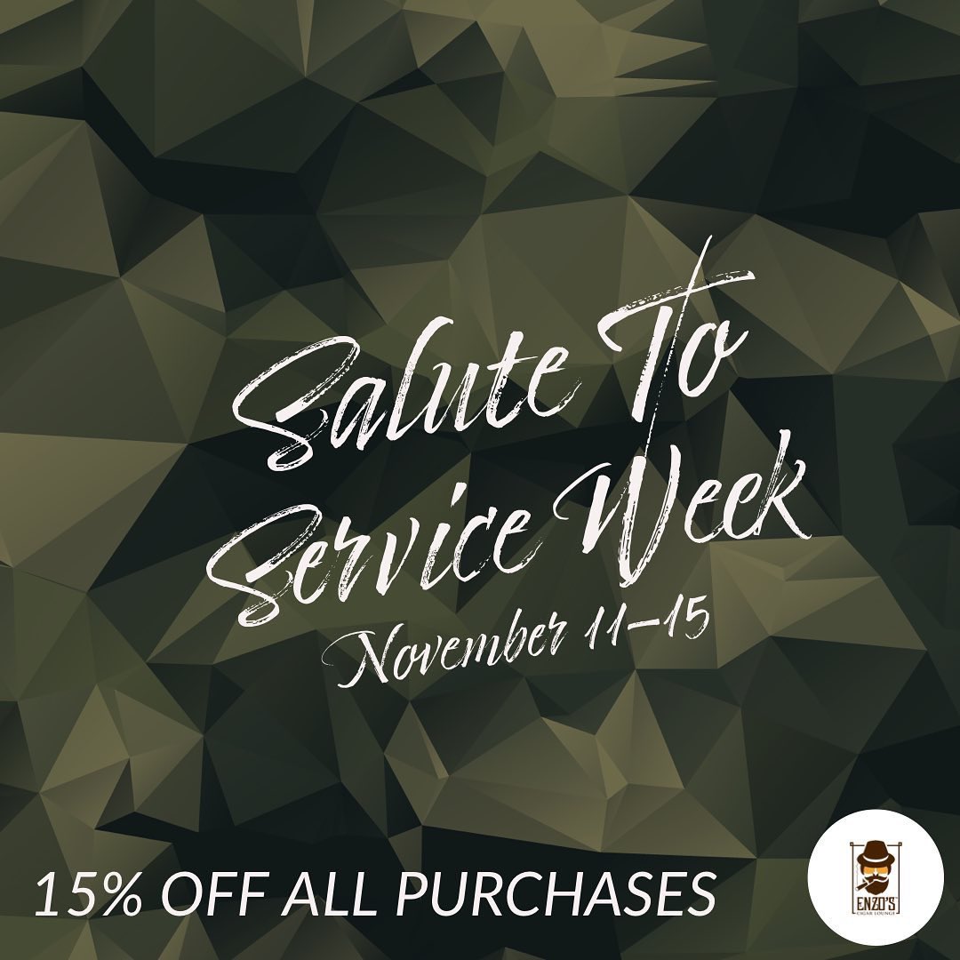 enzoscigars's tweet photo. Our #SalutetoServiceWeek runs through Friday, show your military ID for 15% off all cigar and accessory purchases. Thank you for your service to our country! #enzoscigars https://t.co/Ufx0Fi4FHq