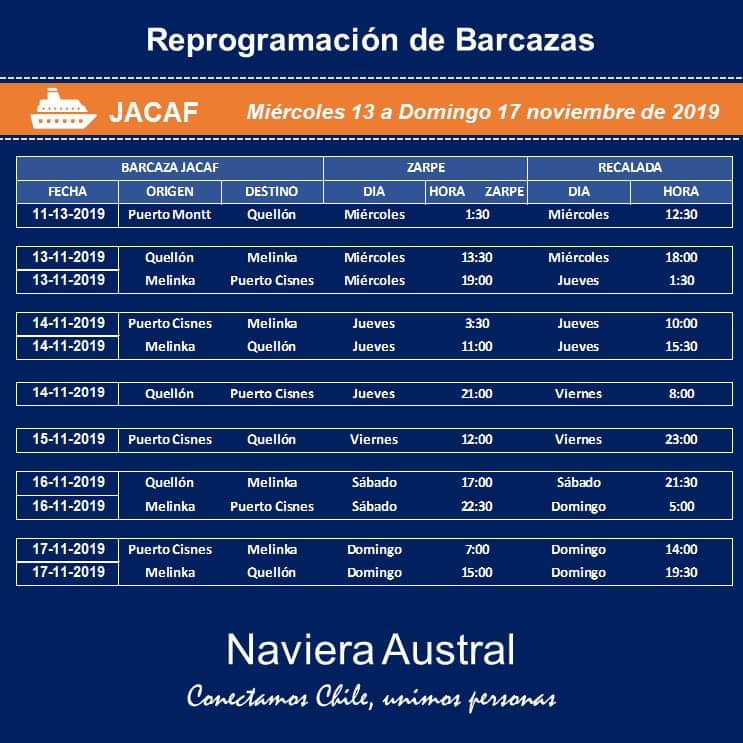 navieraustral's tweet photo. A fin de garantizar la conectividad de usuarios @subsidiosMTT de transporte marítimo barcaza #Jacaf, se reprogramó viaje del día de hoy, extendiendo la ruta hasta Puerto Montt.
A continuación, cambio de itinerario en detalle: https://t.co/kXVjI5X6sn