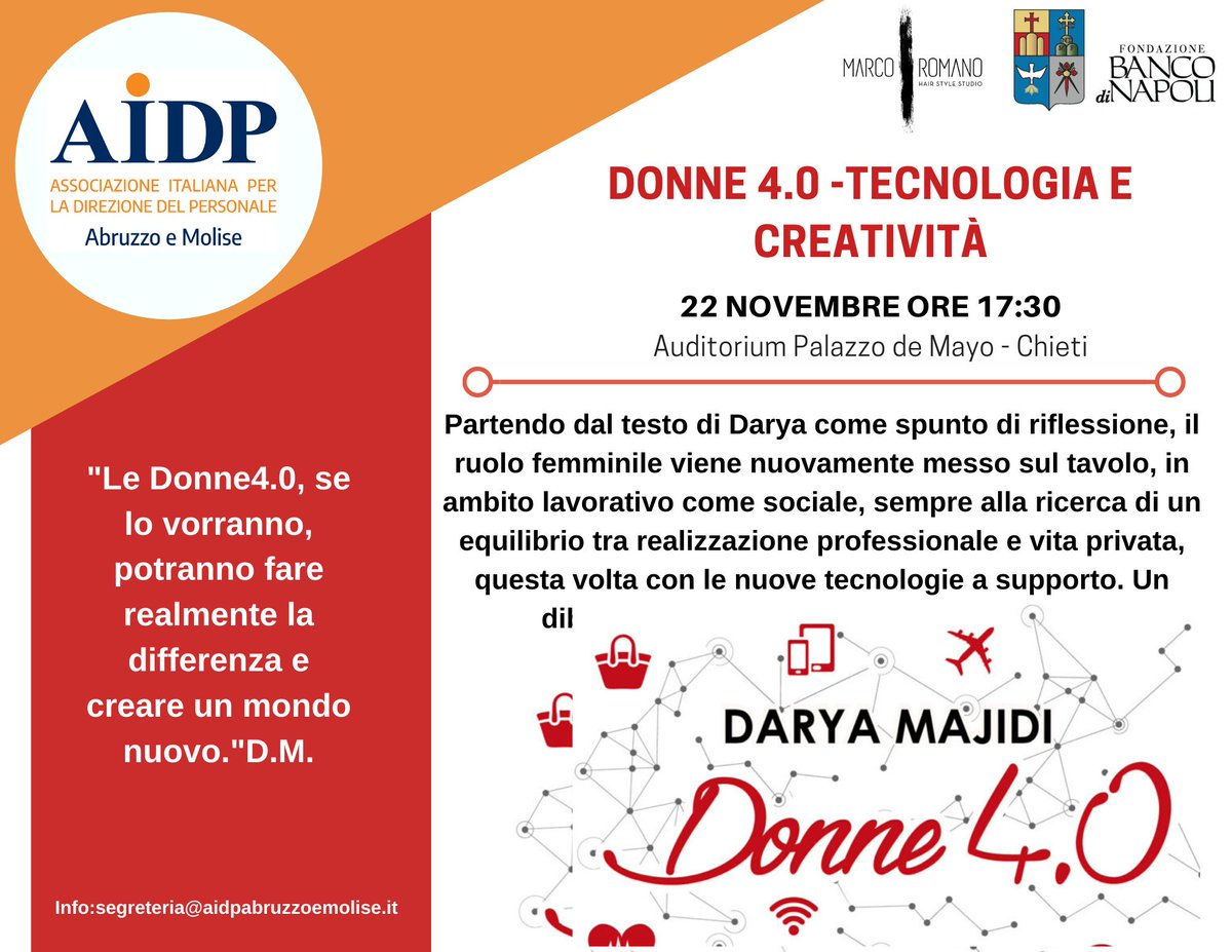 🔔Meno di due settimane a questo imperdibile incontro!🔔 DONNE 4.0- Tecnologia e creatività.
 Posti limitati! Per maggiori informazioni e iscrizioni:  aidp.it/registrazioni/…