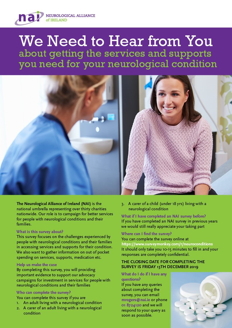 We're asking people with neurological conditions/family carers to complete our online survey, please spread the word bit.ly/32Jyuel <a href="/SBHIreland/">Spina Bifida Hydrocephalus Ireland (SBHI)</a> <a href="/ABIIreland/">Acquired Brain Injury Ireland</a> <a href="/HDAI_ie/">Huntington's Disease Association of Ireland</a> <a href="/MSIRELAND/">MS Ireland</a> <a href="/HeadwayIreland/">Headway Ireland</a> <a href="/epilepsyireland/">Epilepsy Ireland</a> @ParkinsonsIre