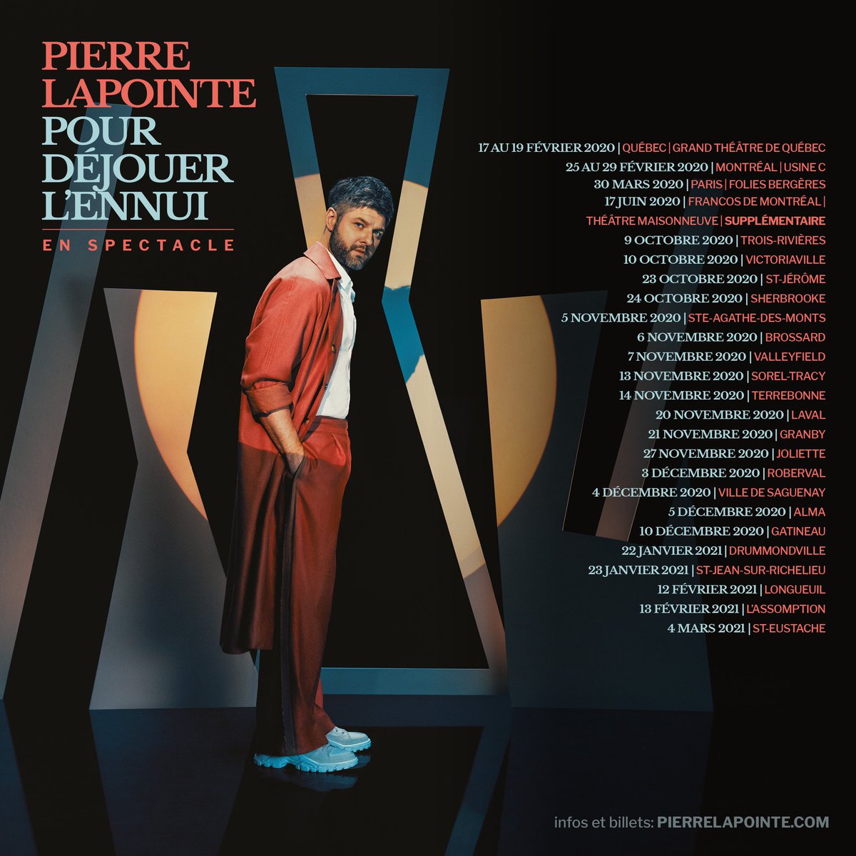 Bonne nouvelle! 🥳 <a href="/OfficielPierre/">Pierre_Officiel</a> présentera son spectacle Pour déjouer l’ennui à travers le Québec dès l’automne 2020. Pour les dates et les billets, c’est au pierrelapointe.com!