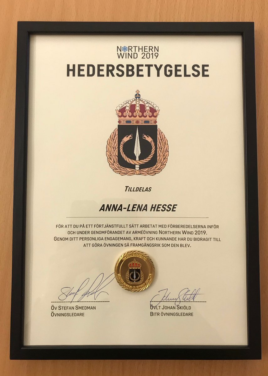 Hesse_Info_I19's tweet photo. Glad av ovÀntad uppskattning för min insats i samband med arméövningen #NorthernWind2019 som kom med posten igÄr #nw19 #I19 #svfm #sÀkpol #föpol https://t.co/PeRhOxhUZy