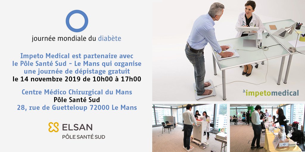 Impeto_Medical's tweet photo. #LeMans #polesantesud #journéemondialedudiabète #elsan #sudoscan A l’occasion de la Journée Mondiale du Diabète, Impeto Medical est partenaire du Pôle Santé Sud-Le Mans pour une journée de dépistage gratuit. https://t.co/glo7Sd2Ej1