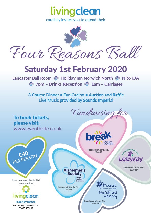 LivingClean4's tweet image. Four Reasons Charity Ball will be a night 2 remember celebrating the work of 4 local chairities - #amazing #united @break_charity @LeewayDV @alzheimerssoc @NorfolkMind @HINorwichCT @AnglianChem @Bidwells @EDP24 @ArnoldsKeys @JustRegional @ClaphamandC @norfokgin