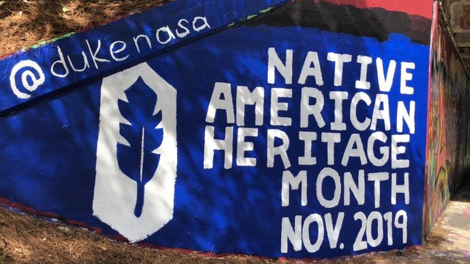 DukeU's tweet image. In honor of #NativeAmericanHeritageMonth, the Duke Native American Student Alliance began November by painting the East Campus Bridge