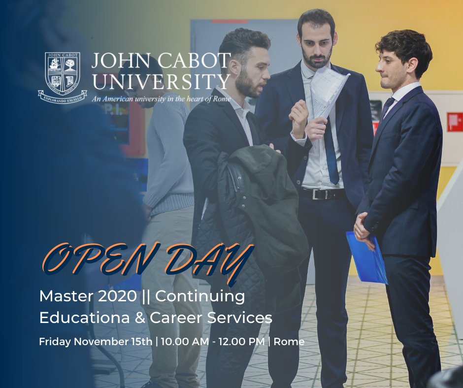 OPEN DAY | Master 2020 🎓 JOIN US and discover the 2020 #ContinuingEducation courses <a href="/JohnCabotRome/">John Cabot University</a>! Practice-based #classes with real case studies and #company testimonials; #ProjectWork, individual and group exercises, class presentations; #Internship 👉 johncabot.edu/continuing-edu…