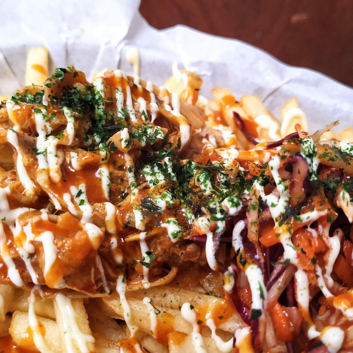 Our BANANA BLOSSOM dirty fries have simply been flying out the door. We're open 5:30-9 today. Don't forget to order your TAKE AWAY. Call @volunteertavern under 01179558498  🌱🌸💚#bristol #japanesefood #plantbased #vegan