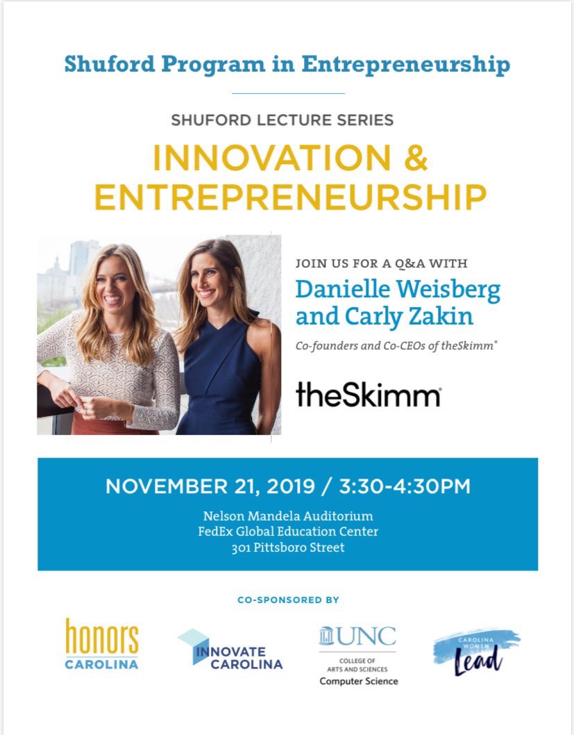 UNC Shuford Program in Entrepreneurship (@shufordprogram) on Twitter photo Join us on November 21st for the Shuford Program Lecture Series with the co-founders and co-CEOs of theSkimm! <a href="/innovateunc/">Innovate Carolina</a> <a href="/HonorsCarolina/">Honors Carolina</a> Join us on November 21st for the Shuford Program Lecture Series with the co-founders and co-CEOs of theSkimm! <a href="/innovateunc/">Innovate Carolina</a> <a href="/HonorsCarolina/">Honors Carolina</a>