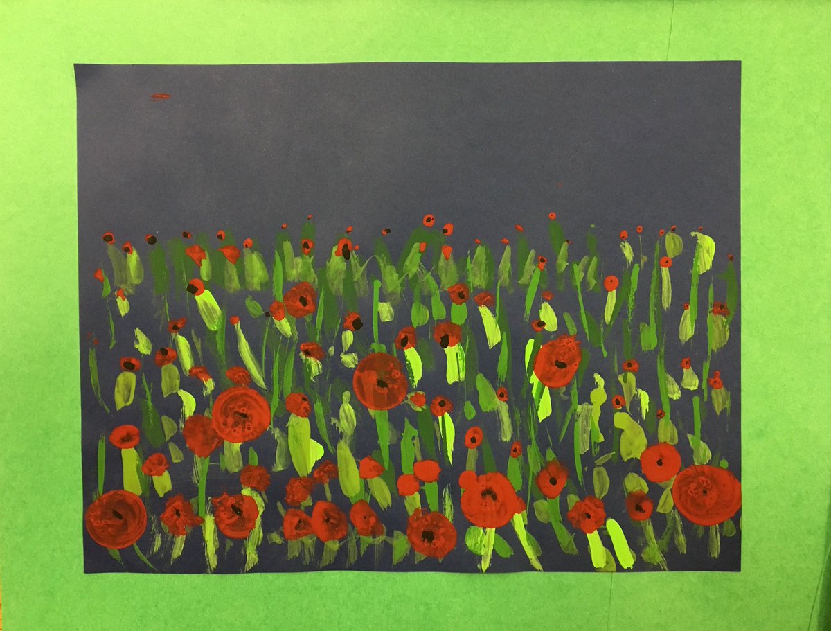 G2BSTM's tweet photo. Students learned about perspective when painting their field of poppies. We contributed our artwork to the beautiful decorations in the gym for our Remembrance Day liturgy. @ThomasMoreOCSB @LindaBouzanis #ocsbarts https://t.co/71naaGIh3e