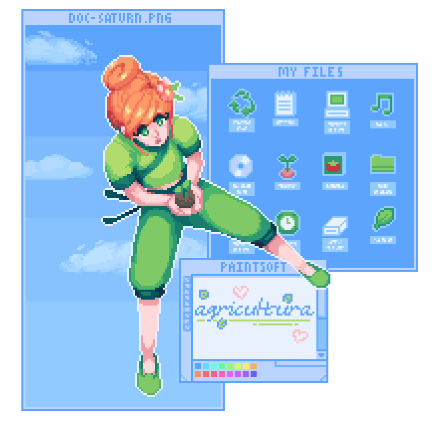 saturns_day's tweet photo. Have you checked out my friend @hogwashdev 's sweet game in progress, Agricultura?   It's a farming sim for those who love plants, solarpunk, optimism, fun bright designs, and cute girls!  

#pixelart #pixels #gamedev https://t.co/dYD8VJrprp