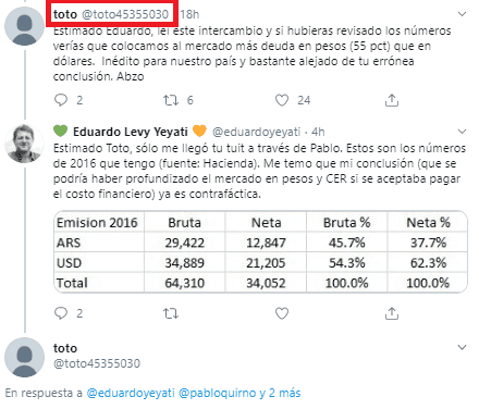 JuanBergelin's tweet photo. Si efectivamente el que le contestó a Levy Yeyati es Toto Caputo la clave es averiguar qué significan los números 45355030. 
Cambió el nombre de su cuenta @toto45355030 por @toto6hb (su perfil dice "Padre de 6 hijos buenísimos" así qu deduzco q de ahí sale el "6hb"). #LostNumbers https://t.co/lHYk6WP61w