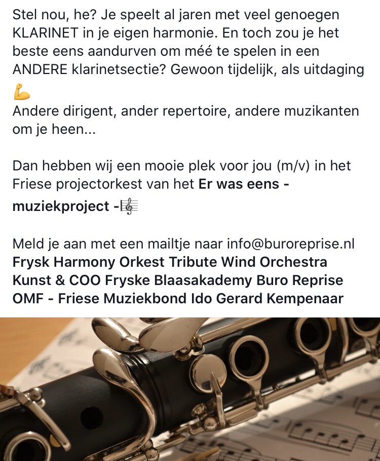 Ben of ken jij iemand die #klarinet speelt? Dan hebben wij een mooie orkestplek! #hafabra <a href="/HaFaBra/">HaFaBra</a> @PraatmarFrysk #harmonie