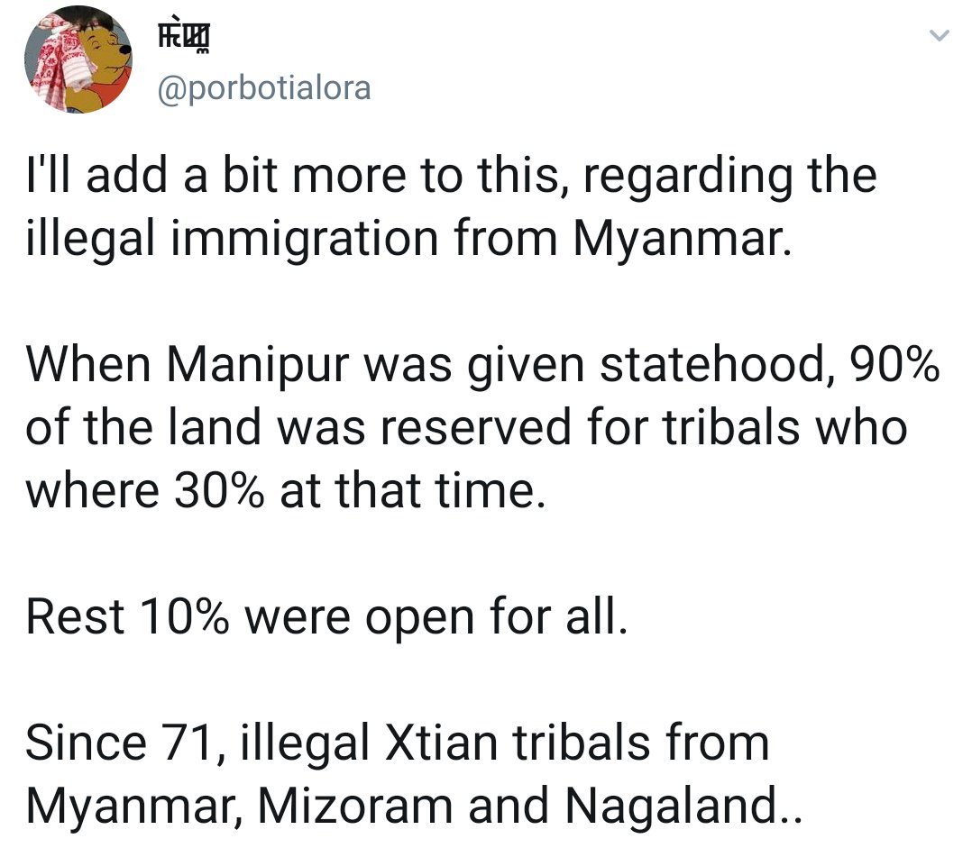  @porbotialora had given great insight into the demographics of Manipur.Did you know that the Inner Line Permit (ILP) worked only for the Outer Manipur Area? And that anyone could buy and encroach on Inner Manipur Area? #HelpTheMeiteis