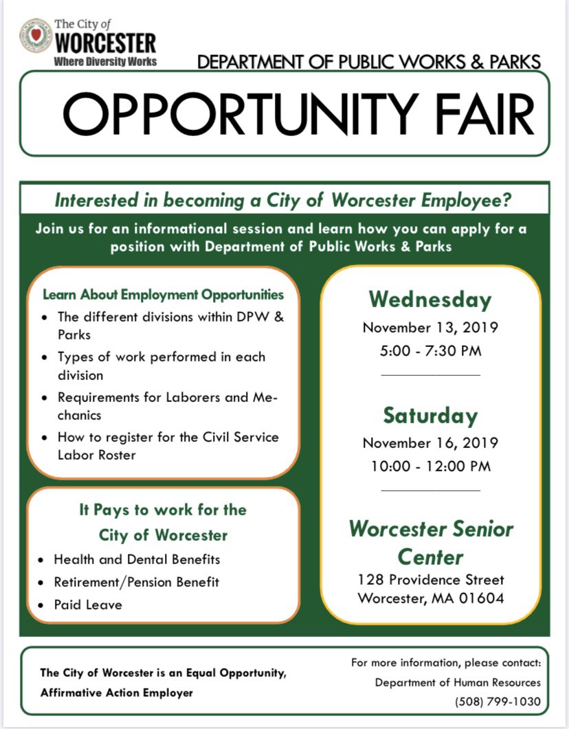 SeanMRoseWorc's tweet photo. What’s happening? An Opportunity Fair! Interested in working for the @TweetWorcester, please see below. Please share. #cityjob #worcesterma #worcestermass #opportunity https://t.co/CXjMMbneHI