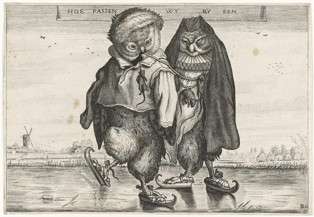 Pair of charmingly grumpy owls out on skates for winter fun. Have even brought along a snack! By Adriaen van de Venne, who died (alas!) on this day in 1662.