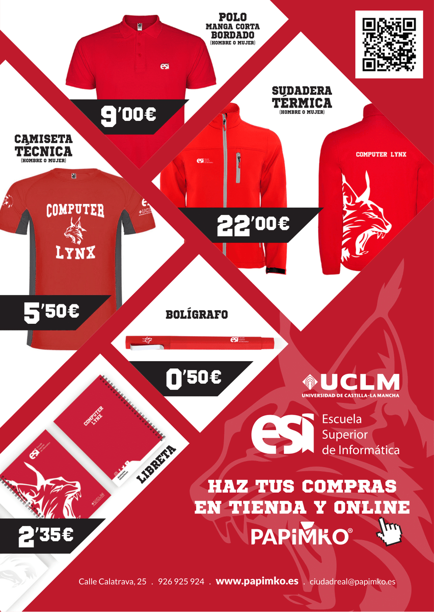 esiuclm's tweet photo. 📢¡Ya está a la venta el nuevo merchandising de la @esiuclm!
Podéis comprarlo🛍️en https://t.co/5eJWBSUmuI o en la tienda física de @papimko en la C/Calatrava.
¡Y que #ComputerLynx🐱os acompañe! https://t.co/xOT1WzzDm9