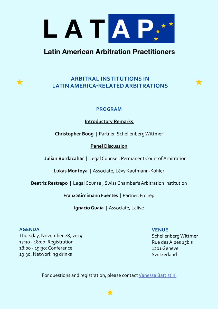 latin_eu's tweet photo. Happy to invite you to our Geneva launch event on 28/11/2019 at Schellenberg Wittmer. The role of arbitral institutions in Latin America-related arbitrations will be discussed by an amazing panel. https://t.co/OhlTvJ0B0T