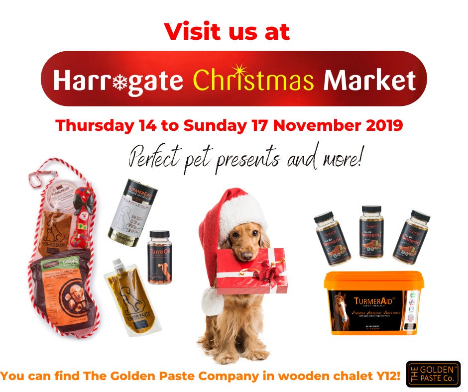 TeamTurmeric's tweet photo. Not long to wait now! Very excited for @HGChristmasMkt We have perfect presents for pets and more! #HCM2019 #teamturmeric #xmasstockingsfordogs #goldenpaste https://t.co/gJo1rFH4X8