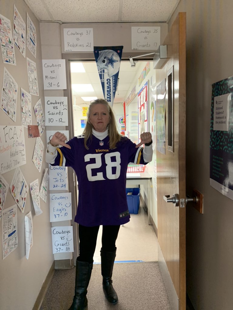 The things we do for our students! Viking vs Cowboys! I lost so one of my wonderful students made me were his Viking Jersey ALL day! #Cowboynation       @ErinKyllo <a href="/RanchViewMS/">RVMS</a> <a href="/SandraJBarrett/">Sandra Barrett</a> <a href="/shelleyahyland/">shelley</a>