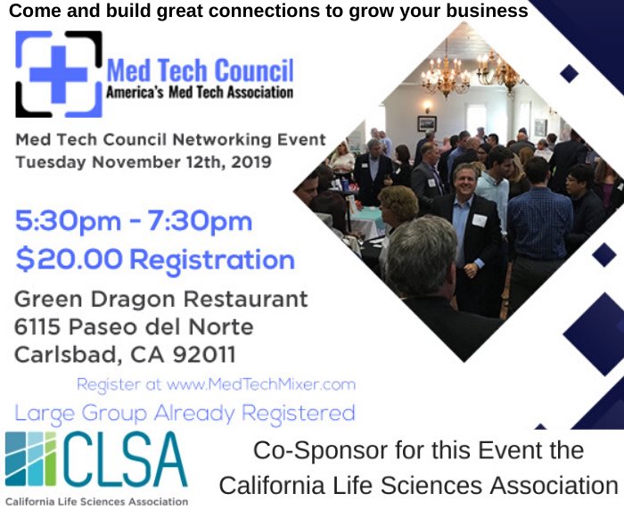 DronesLawyer's tweet photo. Last Chance to Register for tonight’s Med Tech Council Mixer in Carlsbad. Huge Group Already Registered 5:00pm – 7:30pm #medtech #biotech #CLSA  Last Chance to Register for Tuesday’s Mixer  https://t.co/Z7UXf4QOr7 Over 100 Registered #startups #SanDiego You cannot miss this event https://t.co/tWpvIqRLLq
