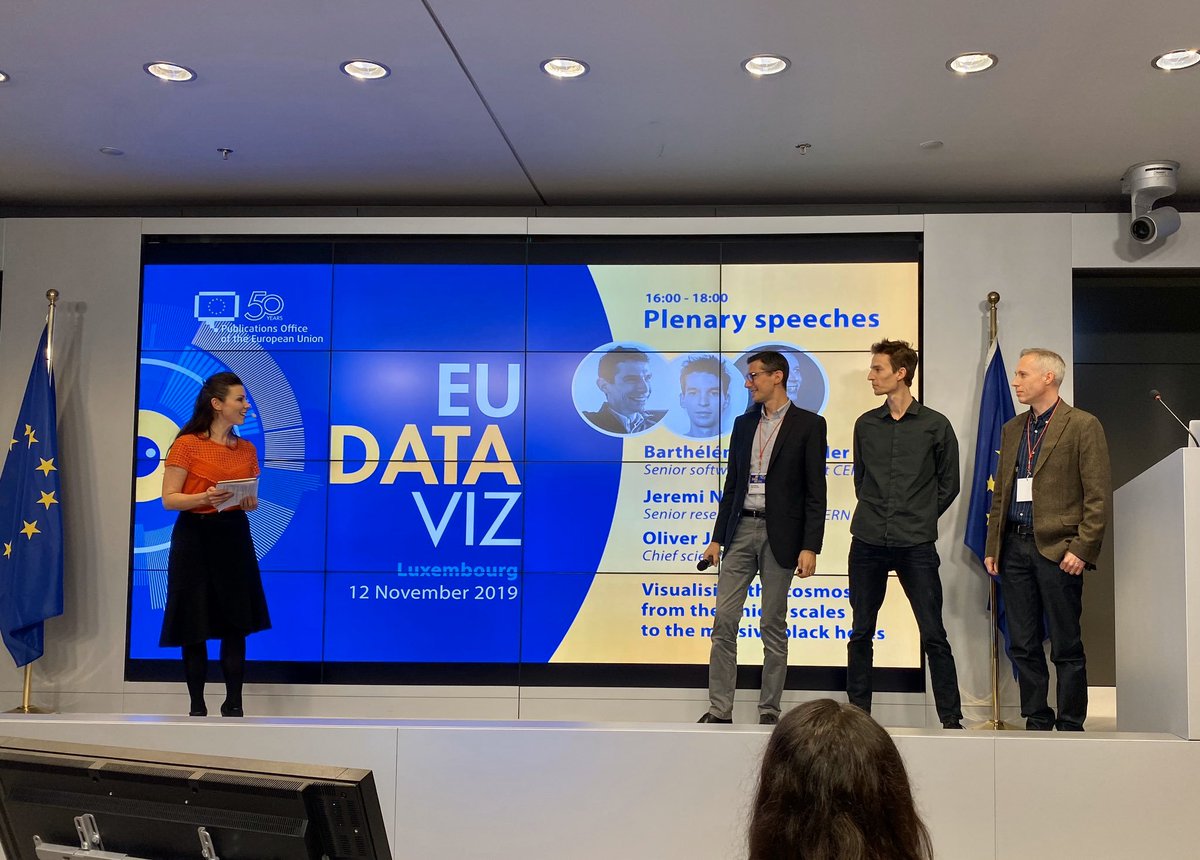 CERNCourier's tweet photo. CERN's Barthelemy von Haller (@ALICEexperiment) and Jeremi Niedzela (@CMSExperiment) today teamed up with visual-effects studio @DNEG at #EUDataViz 2019, to discuss visualising the cosmos from the tiniest scales up to the black hole featured in the film Interstellar https://t.co/AXn262W7ax