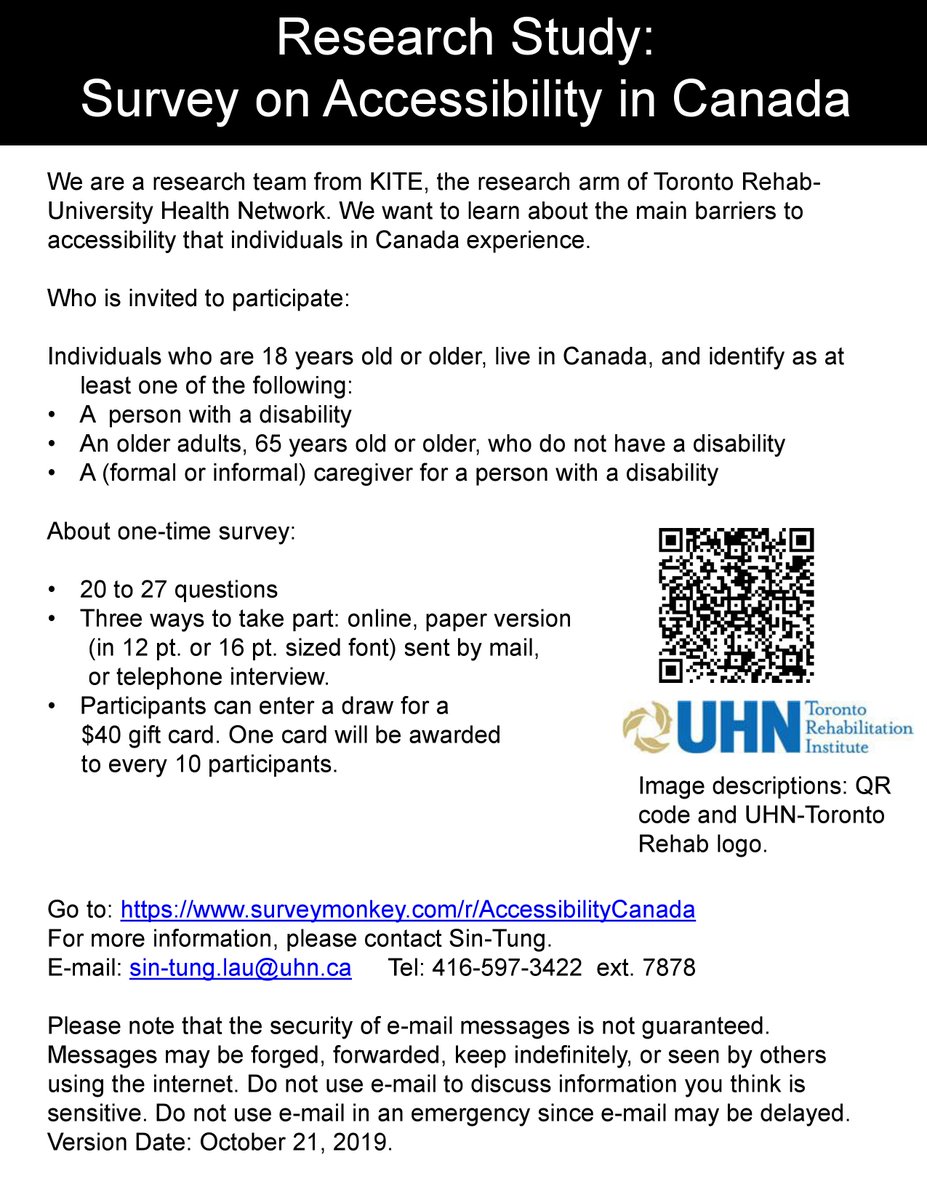 NovakAlison's tweet photo. Help us identify new or evolving areas in accessibility that require national standardization

We are looking for persons with a disability, older adults, and caregivers to take part in a survey: (1) online (https://t.co/ewQi1KpzFT), (2) by mail, or (3) by telephone. 1/2 https://t.co/eANxXu6fVB
