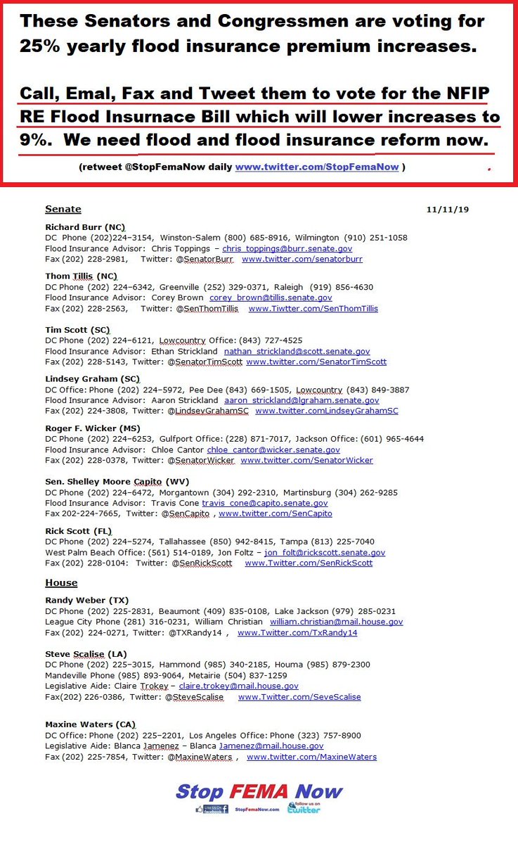 StopFemaNow's tweet photo. . @SenatorBurr NC has 114,000 homes that have flood insurance.  They wont be happy you voted for 25% Flood Insurance increases that @RepMaxineWaters proposed.  

Vote for the #NFIPre bill sponsored by @BillCassidy @SenJohnKennedy @SenatorMenendez  that caps increases at 9% https://t.co/CDhf219CEY