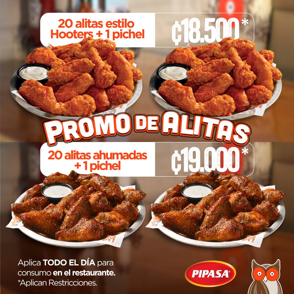 hooterscr's tweet photo. PROMO ALITAS 🍗🍗🍗 en HOOTERS: (Todo el Día)
¡Te esperamos HOY MARTES en tu Hooters Favorito!
#HootersCostaRica https://t.co/fIQkw23USj