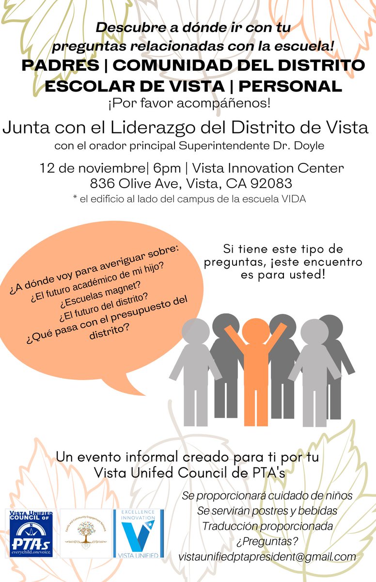 This is a perfect opportunity to meet with our ⁦<a href="/VistaBlueprint/">Vista Unified</a>⁩ Superintendent and district leadership! Bring your questions, ideas, and children! Babysitting and Refreshments will be provided.