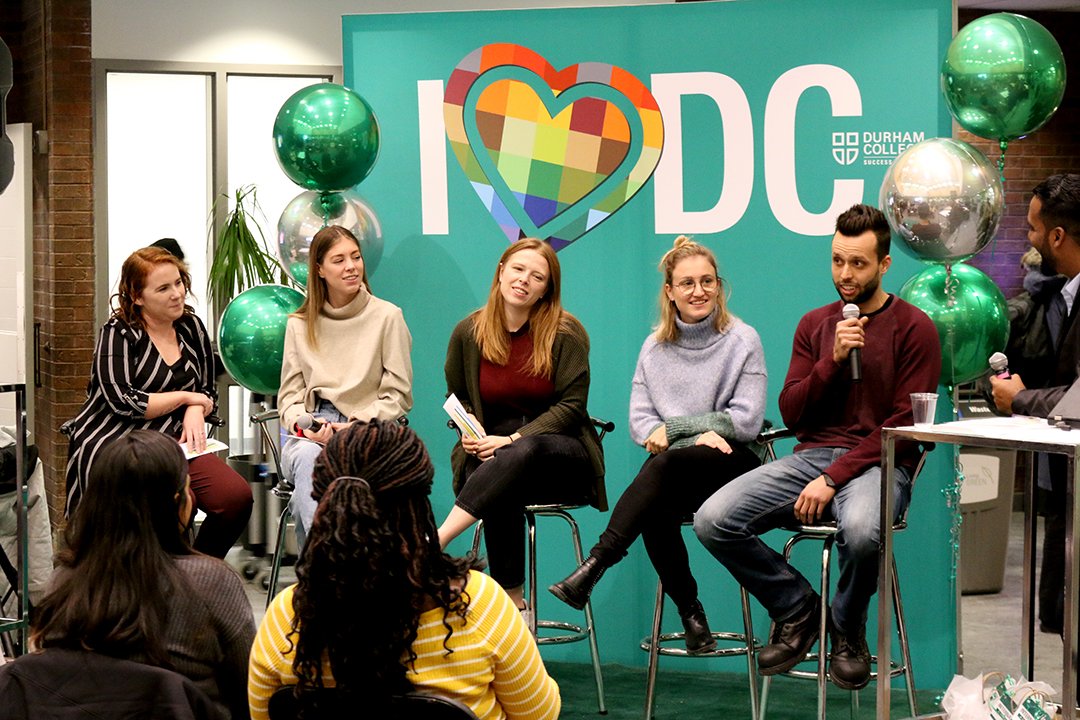 DCUOITChronicle's tweet photo. A cultural marketplace featuring a student panel took place today @durhamcollege for International Education Week. Moderated by Kevin Watson, a grad, the students were asked about their international experience with the school. #DCInternational https://t.co/mJhz7XRKVj