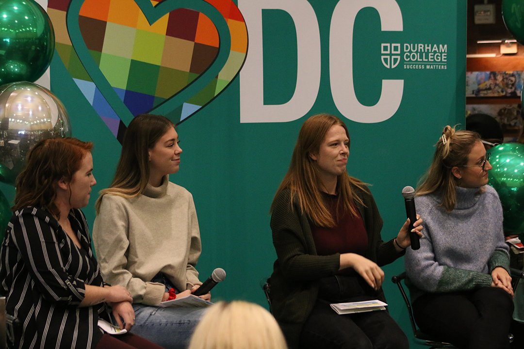 DCUOITChronicle's tweet photo. A cultural marketplace featuring a student panel took place today @durhamcollege for International Education Week. Moderated by Kevin Watson, a grad, the students were asked about their international experience with the school. #DCInternational https://t.co/mJhz7XRKVj