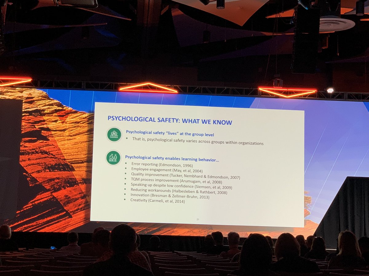 Psychological safety varies at the level of groups within organizations—one department may have it while another does not.Psych safety enables:-error reporting-employee engagement-QI-speaking up-innovation8/